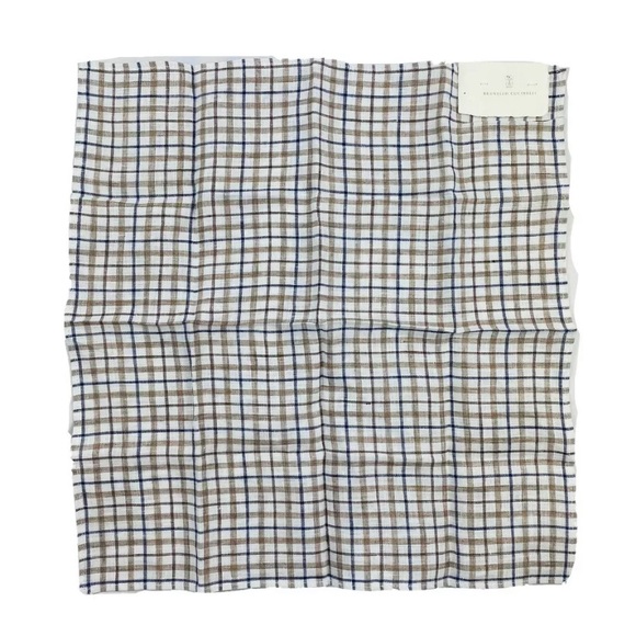 Brunello Cucinelli Brown Blue Check Pure Linen Pocket Square NWT - Picture 1 of 3